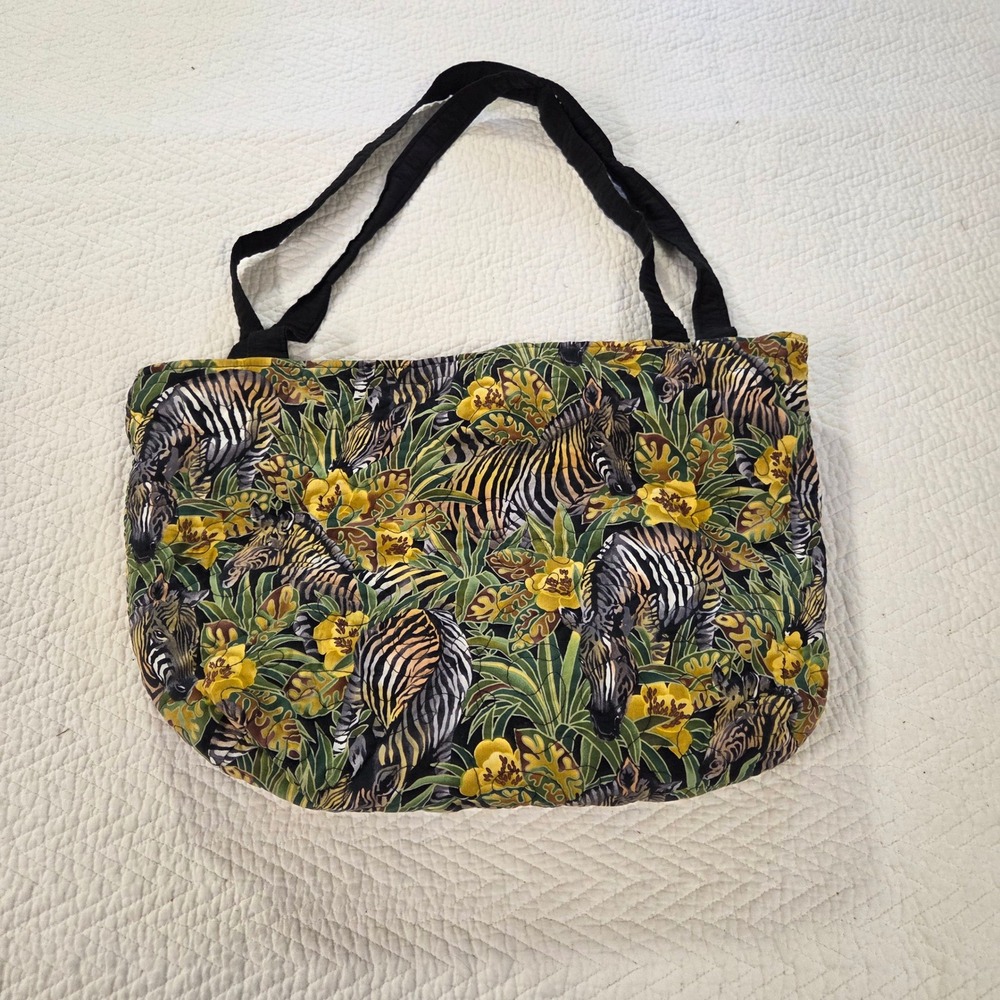 Vintage Quilted Zebra Jungle Print Tote Bag Large Zipper Shoulder Bag Safari